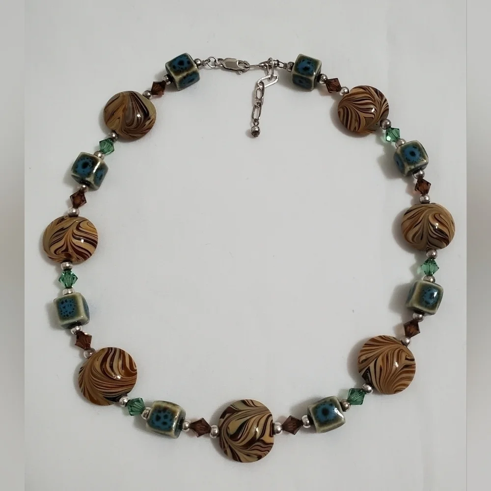 Vintage Orange Brown & Turquoise Color Art Glass & Sterling Silver Necklace
